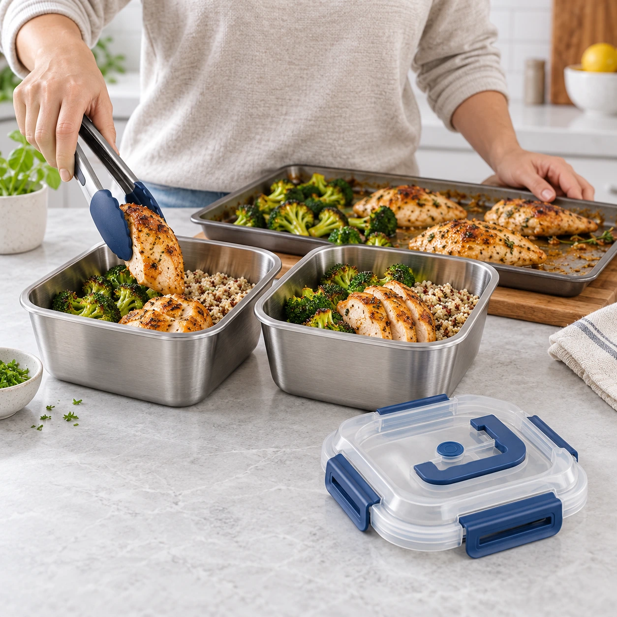 Meals being portioned into Kentaro stainless steel containers on a kitchen counter